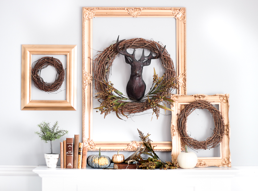 Love this fall mantel and the grapevine wreaths