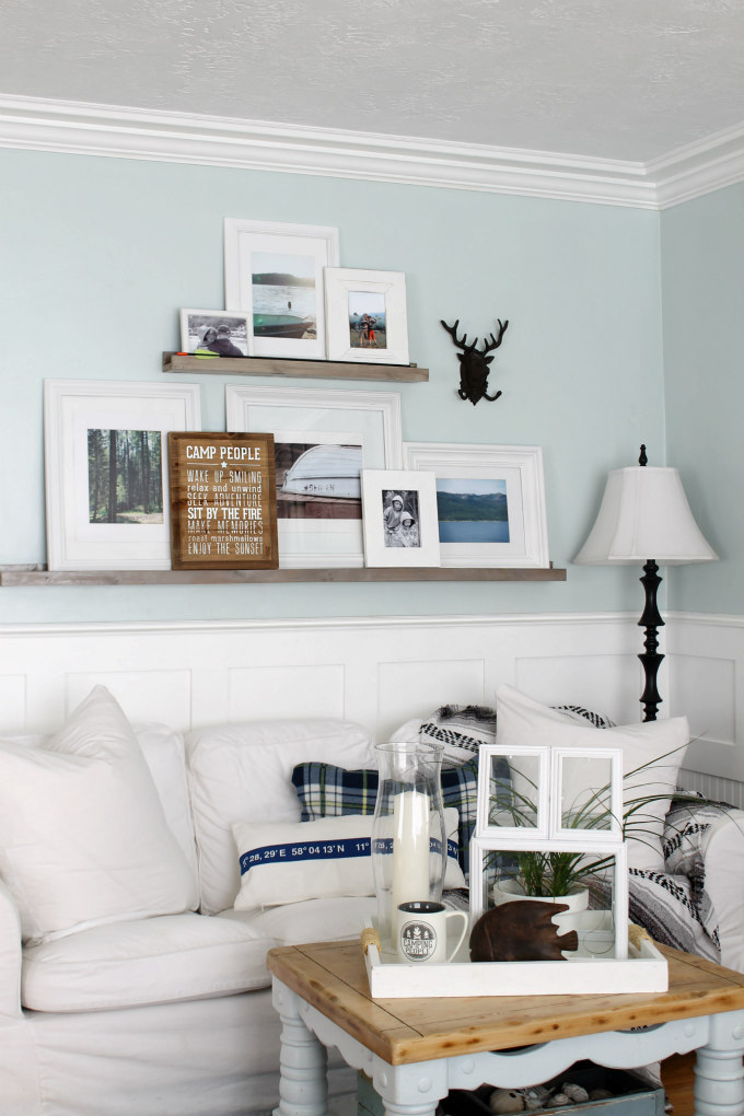 Gallery wall on picture ledges - easy to change things around 