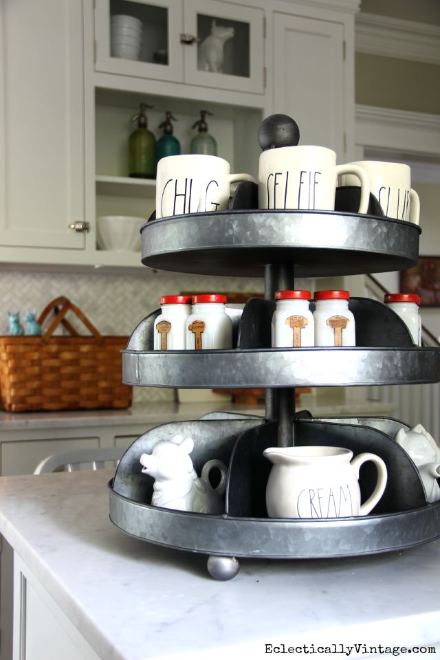 Industrial tiered tray in the kitchen - perfect for showing off favorite things kellyelko.com