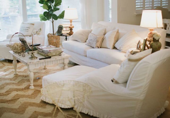 Cozy family room - love the white slipcovered furniture and the herringbone rug kellyelko.com