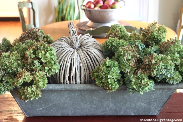 Love this huge zinc trough hydrangea and pumpkin fall centerpiece! kellyelko.com