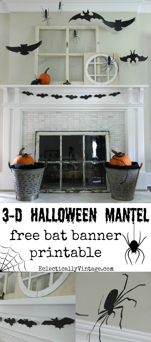 3-D Silhouette Halloween Mantel with free bat banner printables! kellyelko.com