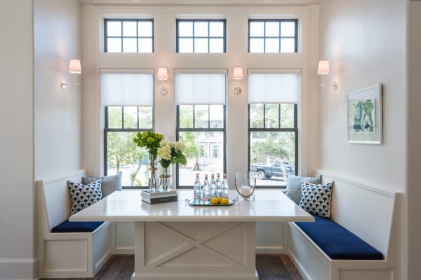 Love the built in banquette - take the full tour of this beautiful coastal home kellyelko.com