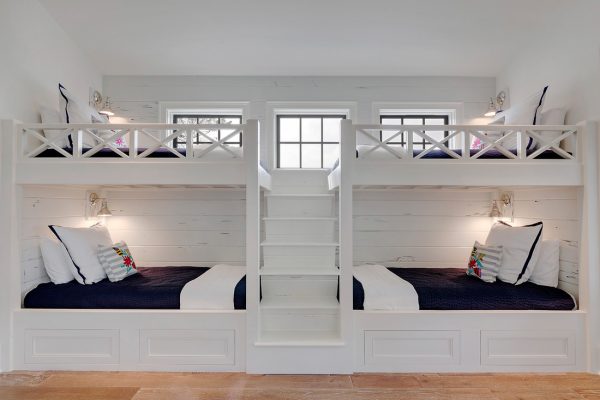 Built in bunk beds - what a fun idea and love the plank wood wall kellyelko.com