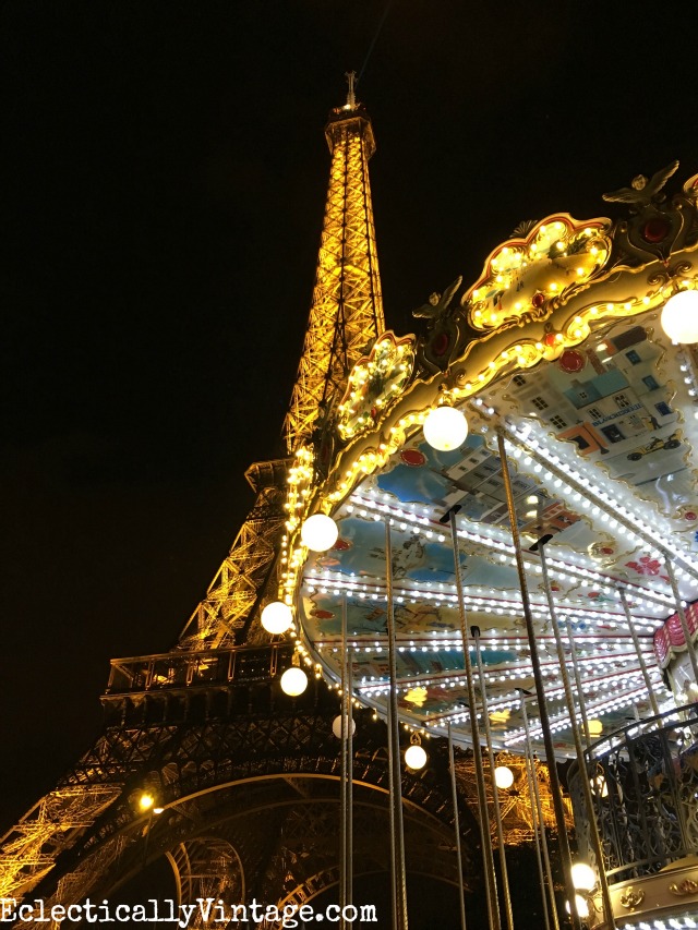 Eiffel Tower carousel at night. So beautiful - love this itinerary for seeing Paris - so many great tips kellyelko.com