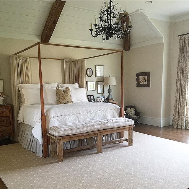 Farmhouse bedroom - love the four poster bed and the giant chandelier kellyelko.com