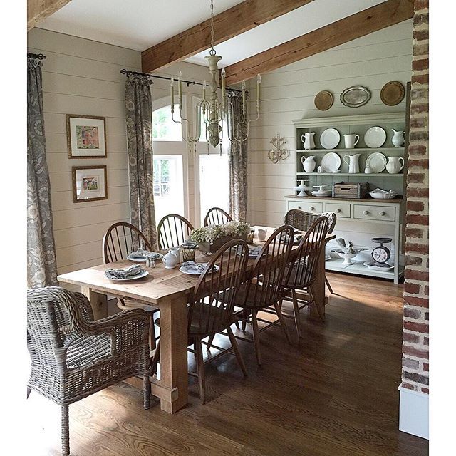 Farmhouse dining room - love the exposed beams and the huge farmhouse table kellyelko.com