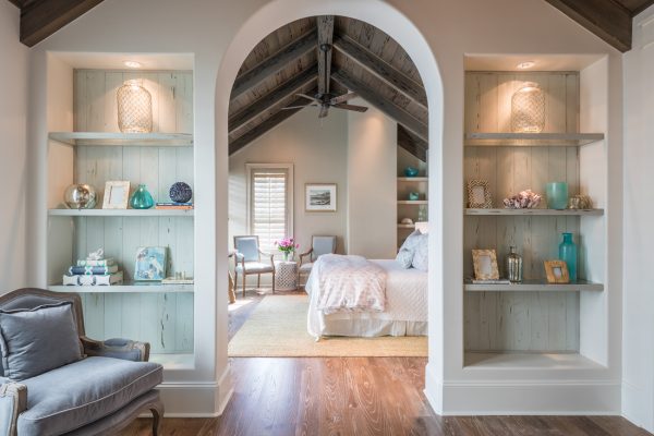 Master bedroom suite - love the built in bookcases and the planked wood ceiling kellyelko.com