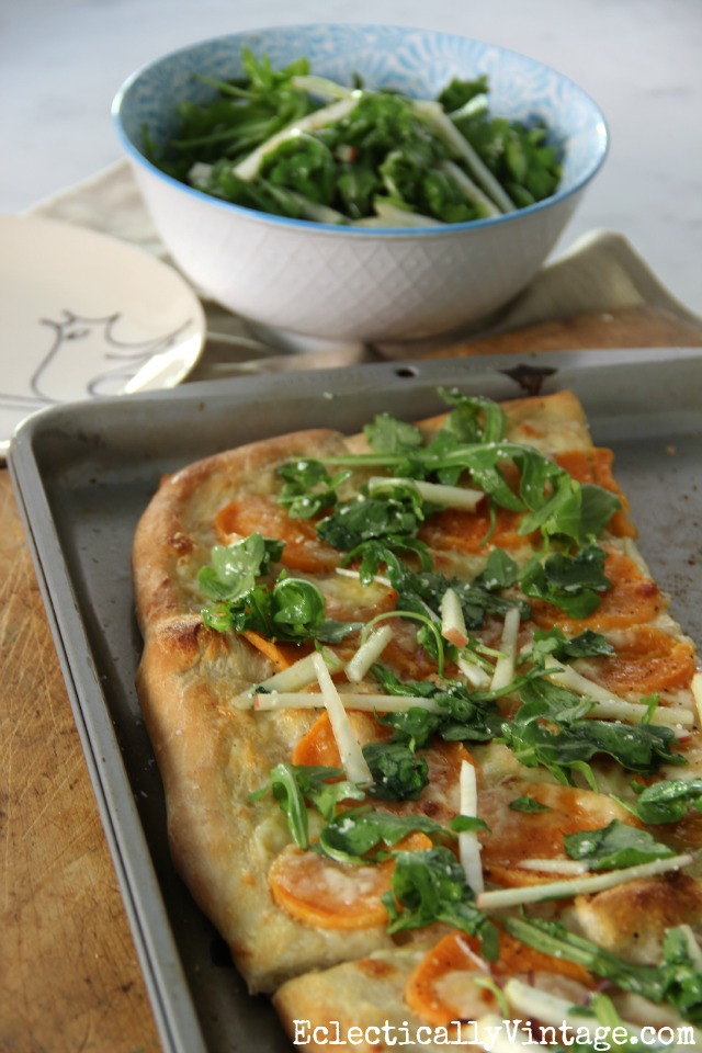 Sweet potato and arugula pizza - celeriac root and apples add the perfect crunch kellyelko.com 