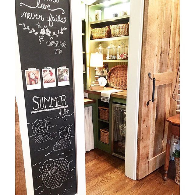 Love this walk in pantry with chalkboard wall kellyelko.com