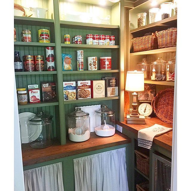 Walk in pantry with green shelves kellyelko.com