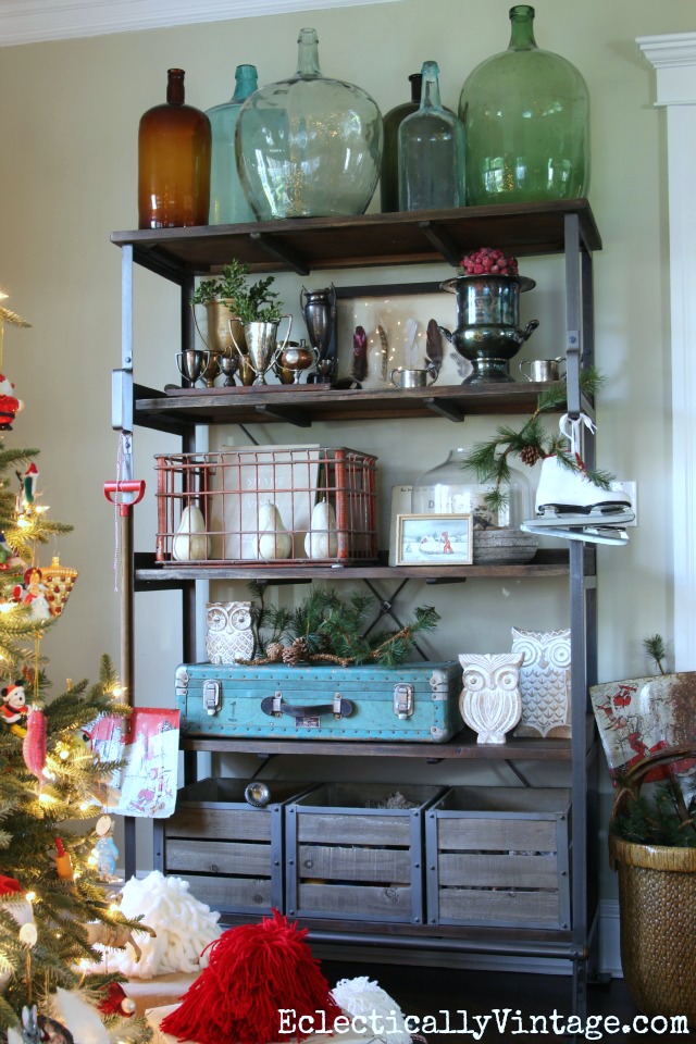 Touches of Christmas on open shelves kellyelko.com