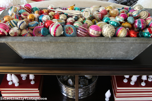 Love the old zinc trough filled with vintage Shiny Brites! kellyelko.com