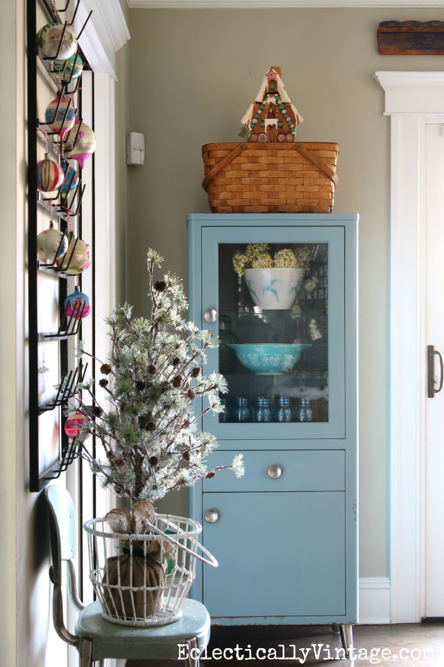 Vintage blue medical cabinet gets festive for Christmas kellyelko.com