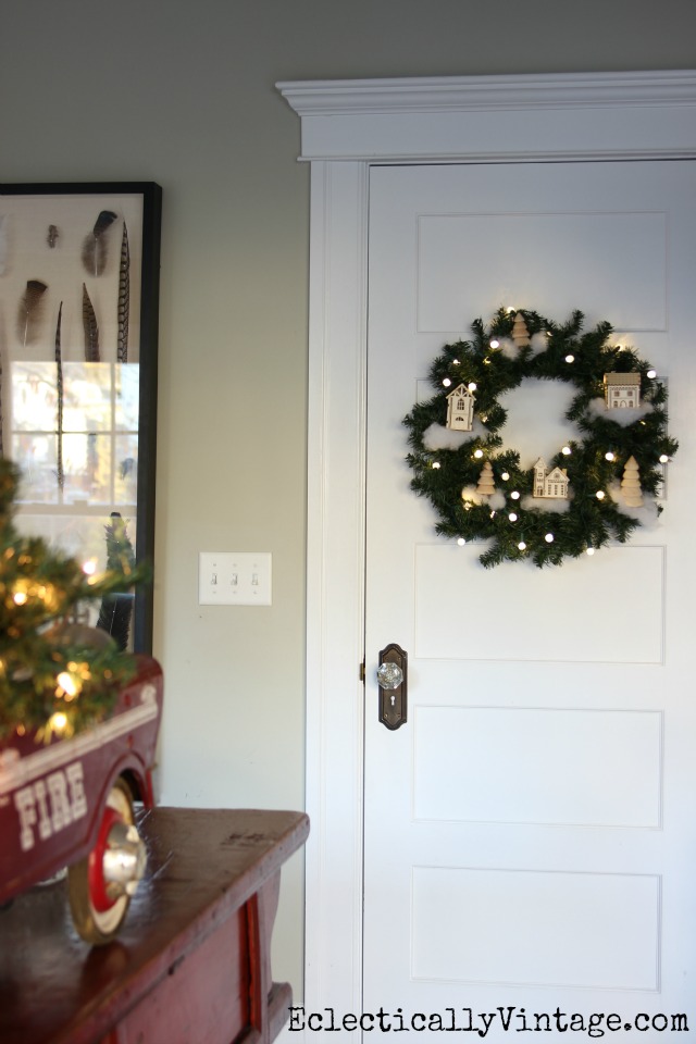 Make a winter village wreath - so festive! kellyelko.com