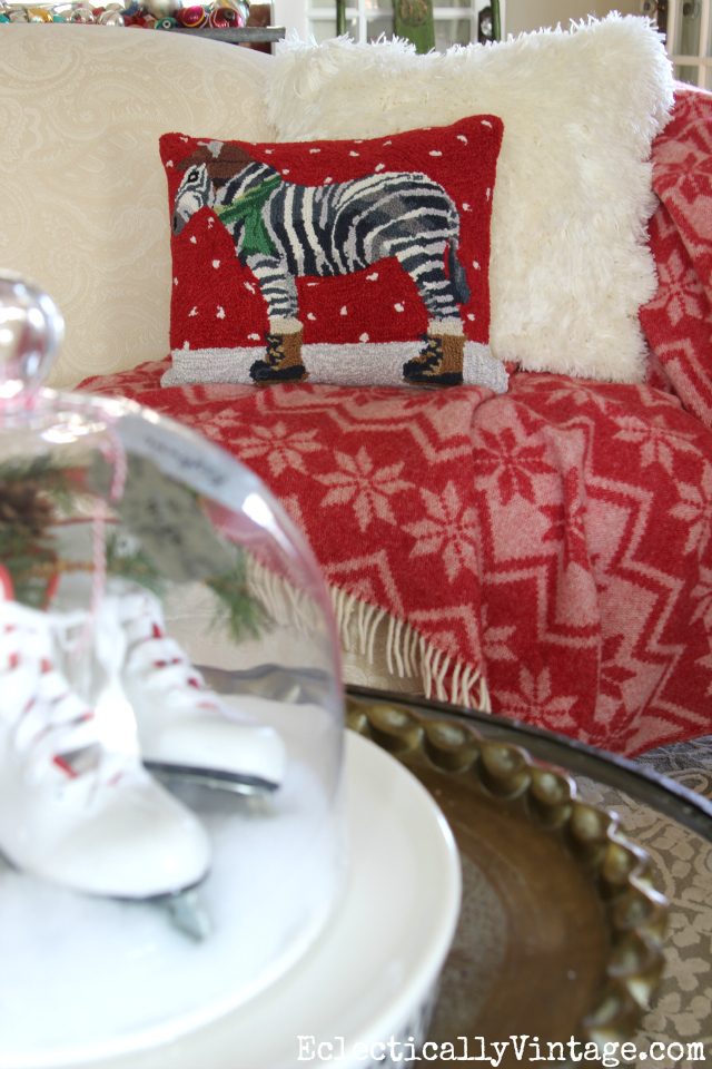 Love the huge fluffy white pillow and the whimsical zebra wearing boots pillow for Christmas kellyelko.com