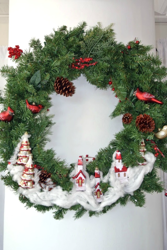 Create a little Christmas village in a wreath kellyelko.com