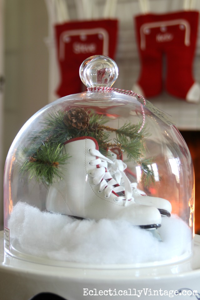 Ice skates under a cloche - fun Christmas decor kellyelko.com