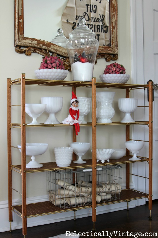 Vintage milk glass collection with touches of red for Christmas kellyelko.com