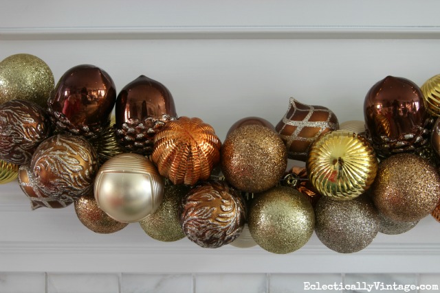 How to make an ornament garland - love this mix of metallic ornaments kellyelko.com