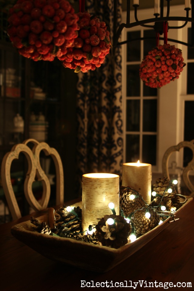 Dough bowl centerpiece - love the birch bark candles and the string lights kellyelko.com