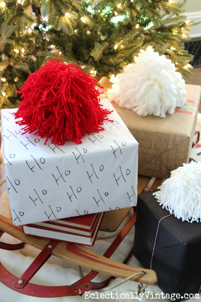 DIY Giant Pom Poms! Such a fun idea for gift wrap kellyelko.com