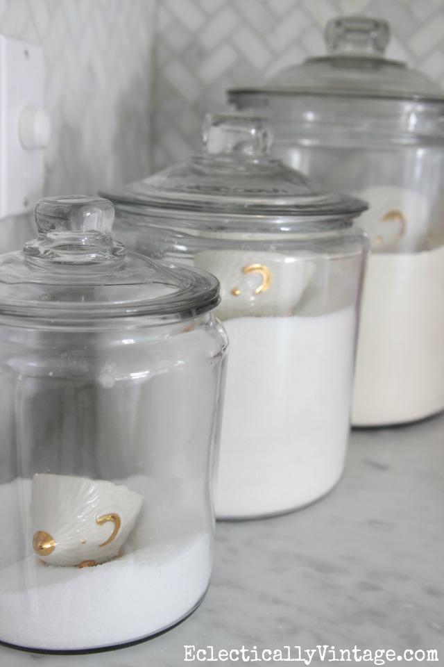 Love these glass jars for storing flour, sugar and salt on the kitchen counter and the hedgehog scoops are so cute! kellyelko.com