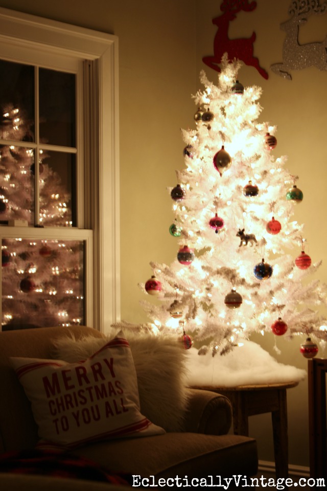 White flocked Christmas tree with vintage Shiny Brites kellyelko.com