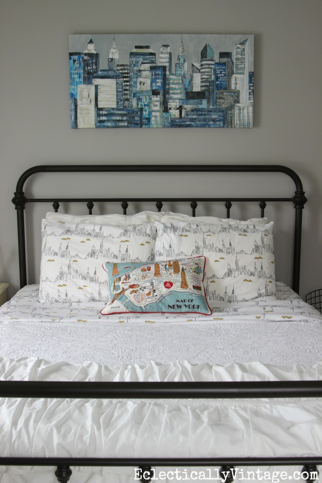 Love this color palette - gray walls with touches of black and blue kellyelko.com