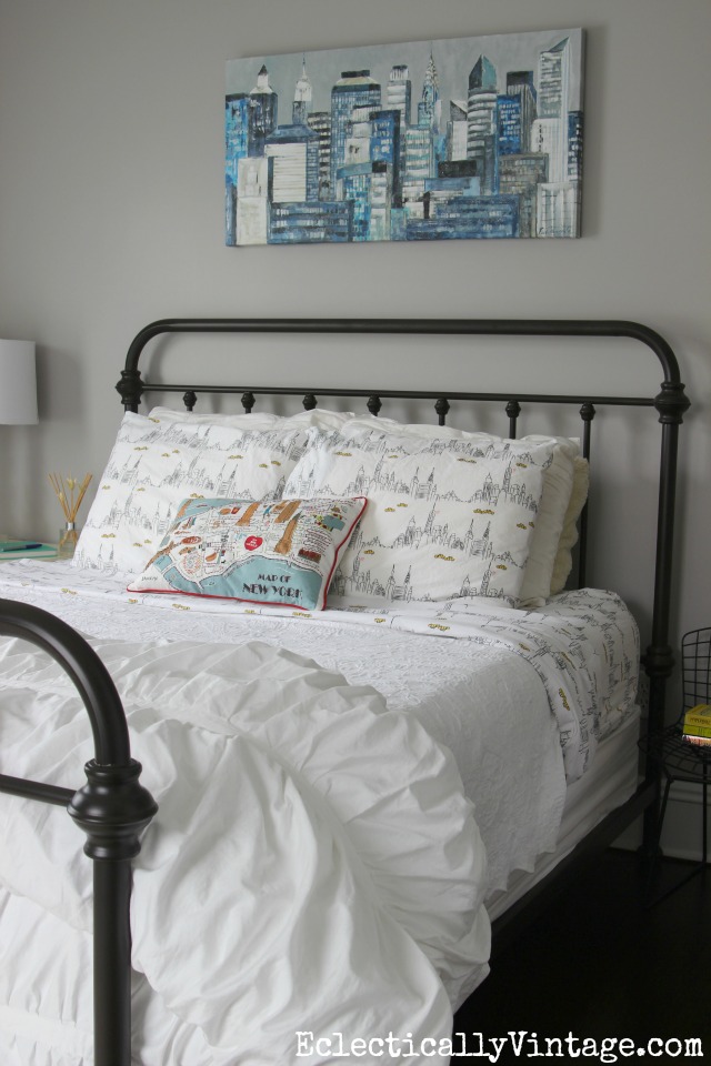Sophisticated Teen Girl Bedroom - love the gray walls, vintage style bed and glam accessories (and those sheets)! kellyelko.com