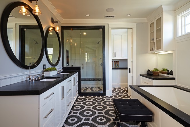 Dramatic black and white master bathroom - love the dramatic vintage style tile and that black shower surround kellyelko.com