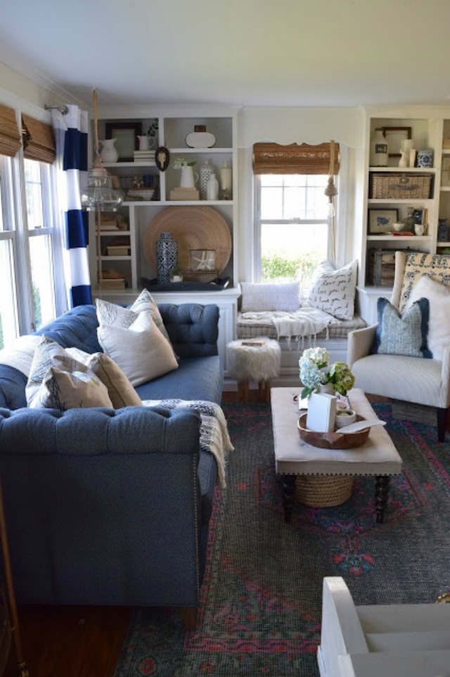 Love the cozy blue Chesterfield sofa kellyelko.com