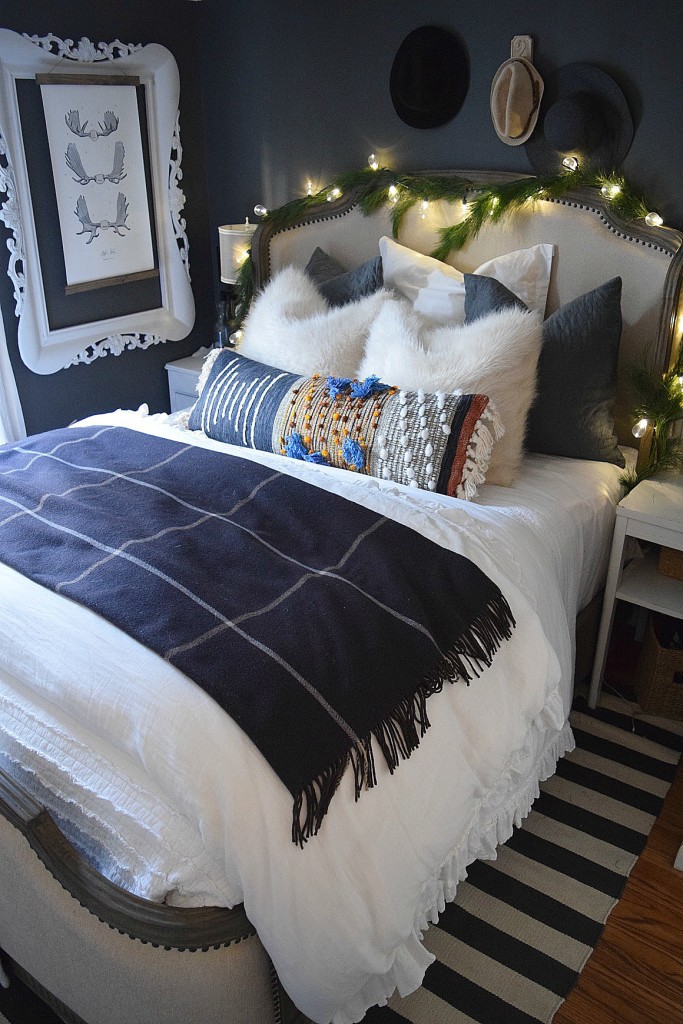 Cozy gray master bedroom - love the fabric nailhead trim bed kellyelko.com