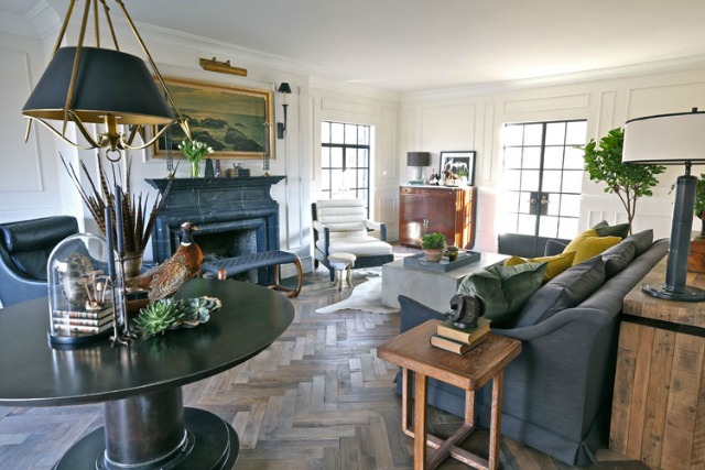 Love the texture and interest these rustic herringbone wood floors add to this charming home kellyelko.com