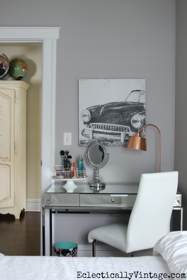 Love this gray bedroom and the mirrored vanity kellyelko.com