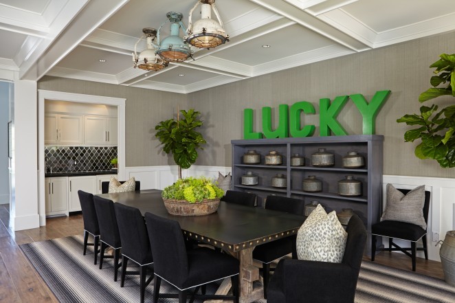 Industrial dining room - how fun is that LUCKY sign! kellyelko.com