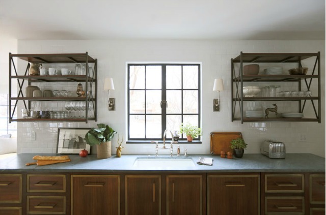 Love the pair of industrial open shelves in this industrial country kitchen kellyelko.com