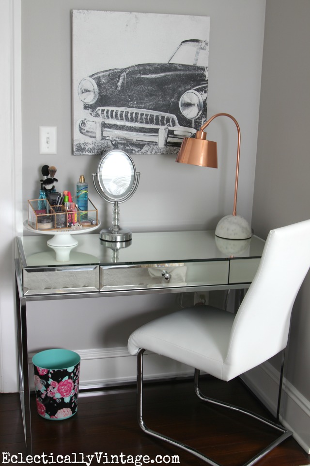 Love this mirrored desk turned vanity kellyelko.com