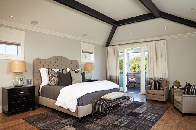 Neutral bedroom - love the tufted headboard and the glass demijohn lamps kellyelko.com