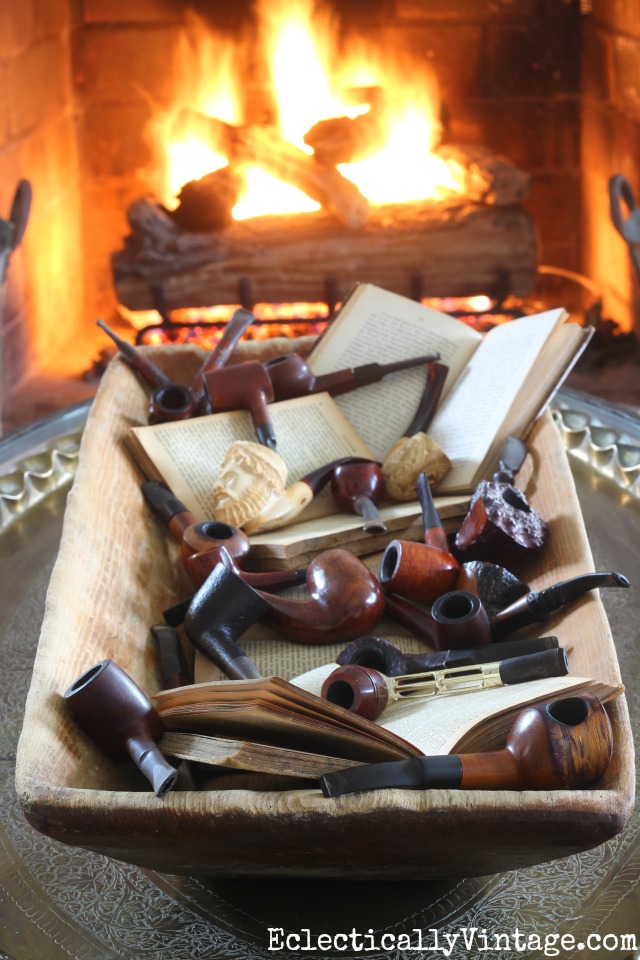 Vintage pipe collection displayed in an old dough bowl kellyelko.com