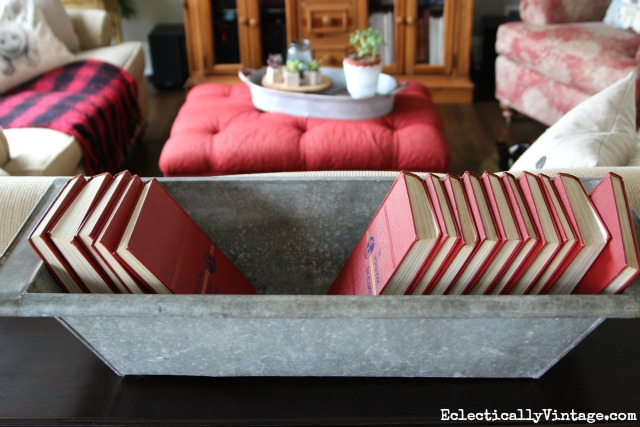 Vintage zinc trough filled with old encyclopedias kellyelko.com