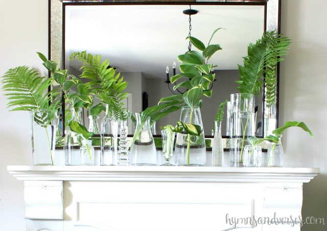 Summer mantel - fill a collection of vases with greens from the garden kellyelko.com