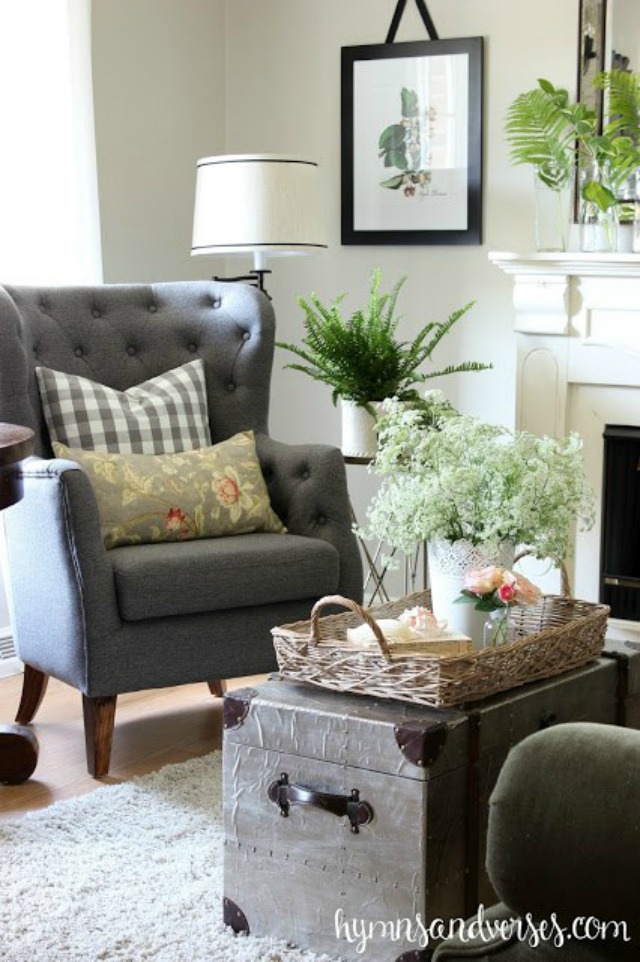 Cozy living room with gray tufted chairs kellyelko.com