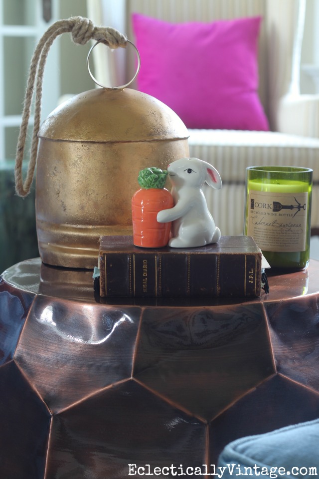 Mix metals for interest - love the copper accent table and the brass cow bell kellyelko.com