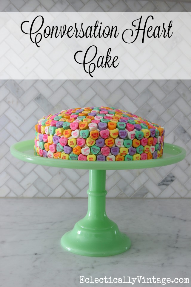 Conversation Heart Cake - such a fun idea for Valentine's Day! kellyelko.com