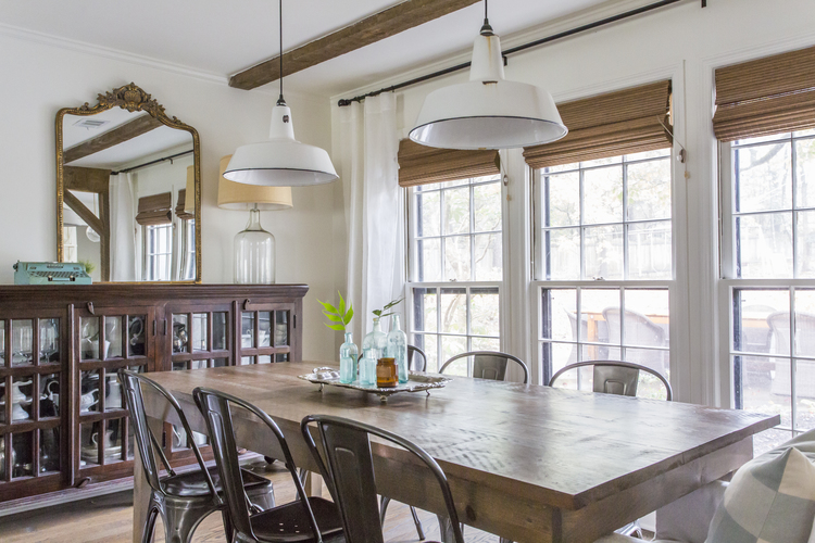 Love this eclectic dining room and the vintage metal lights kellyelko.com