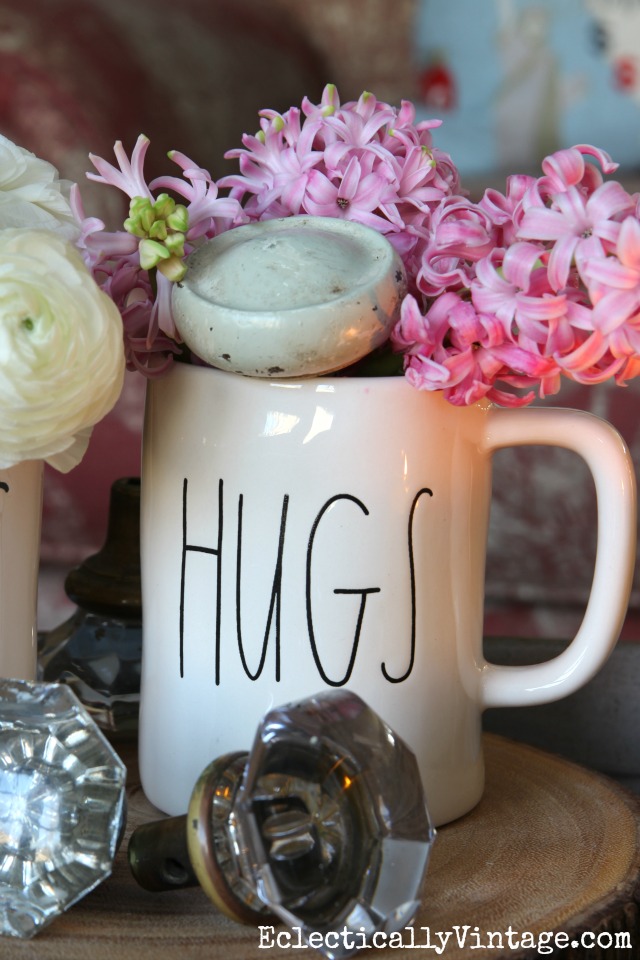 Cut hyacinths for a fun spring arrangement - love the Hugs mug kellyelko.com