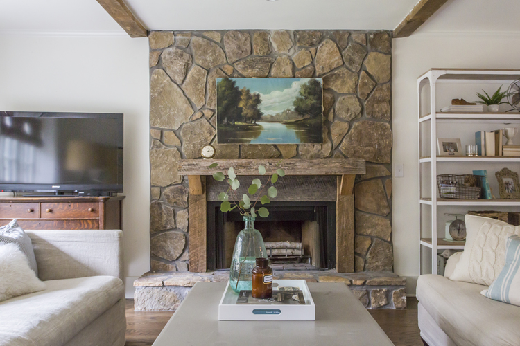 Love this stone fireplace and rustic wood mantel kellyelko.com