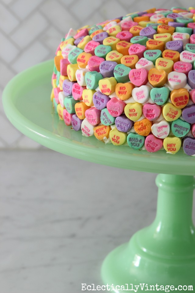 Valentine Conversation Heart Cake - such a cute idea and love the cake stand! kellyelko.com