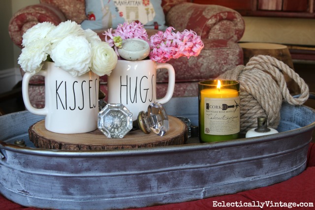 Simple Valentines Day - a fun display of flowers and cute Hugs & Kisses mugs kellyelko.com